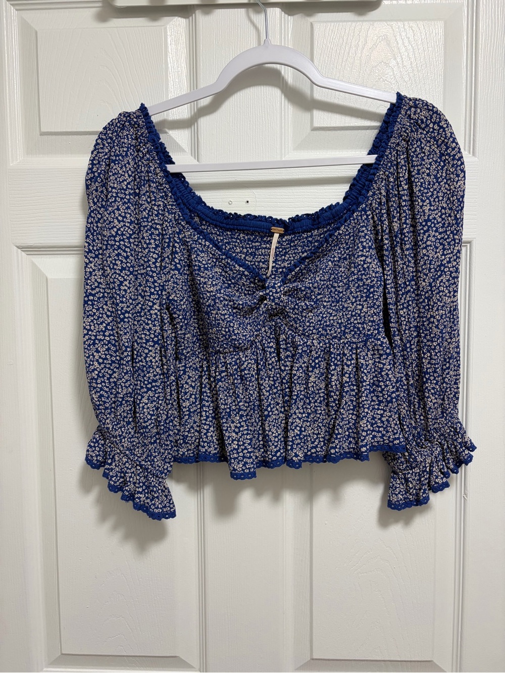 Free People Navy Blue Floral Peasant Top